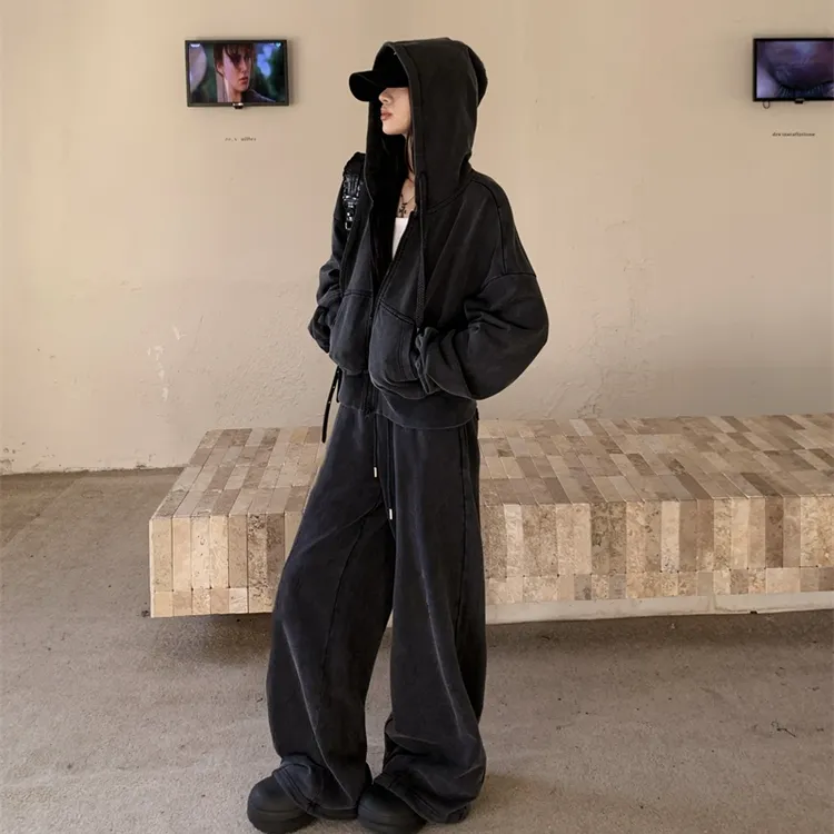 2025早秋美式运动复古水洗黑短款卫衣外套设计阔腿卫裤休闲套装