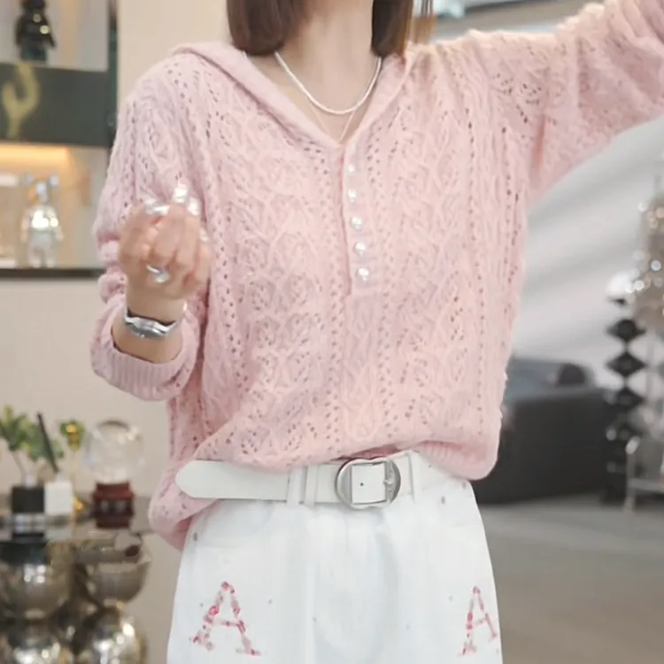 设计感镂空钉珠蕾丝长袖毛衣帽衫2025春季新款气质时尚气质针织衫