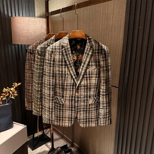 【摩登复古】2025秋装新款男士时尚格纹厚款西服格子休闲秋季小西装