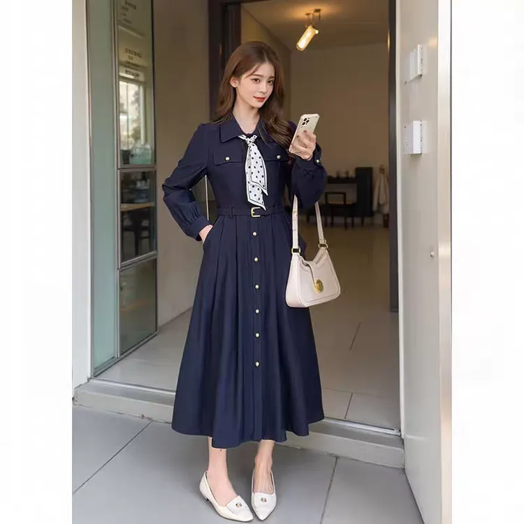 连衣裙女2025早春新款减龄小个子绿色职业蝴蝶结领带收腰衬衫裙子