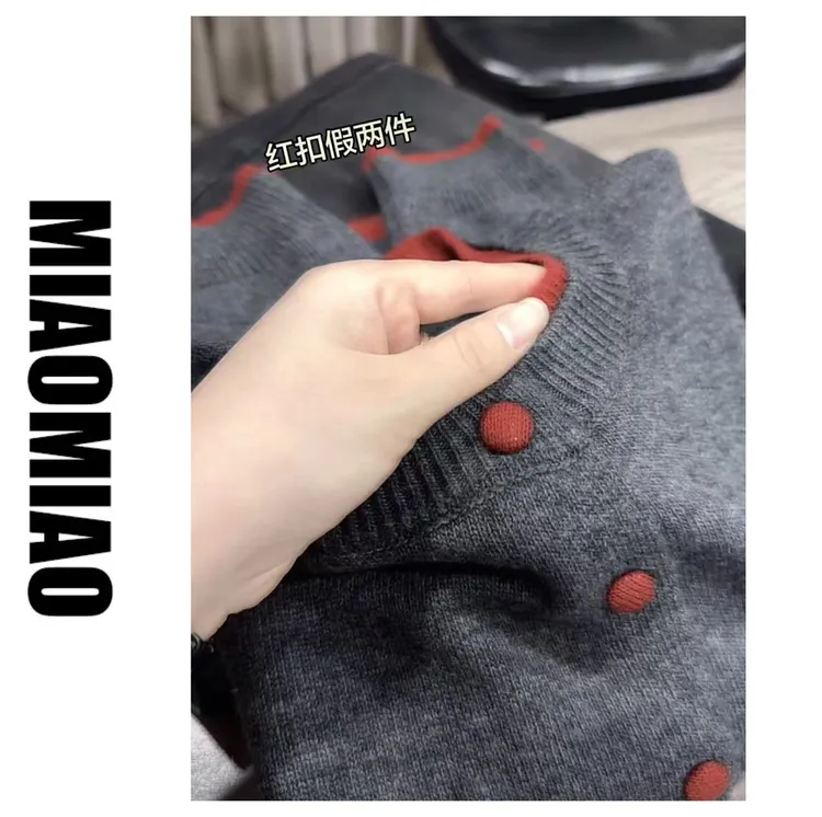 【大码】5115针织女圆领秋冬撞色长袖毛针织衫韩版时尚加厚开衫