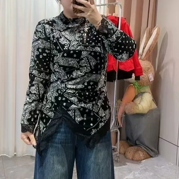 “Daying”8208丝绒蕾丝不规则打底上衣