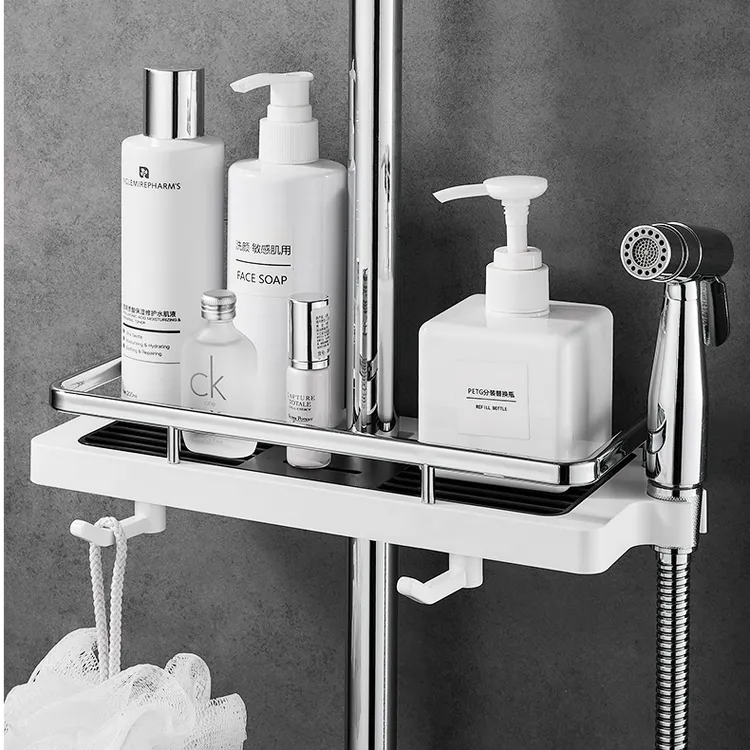 免打孔淋浴杆花洒置物架托盘卫生间厕所肥皂盒浴室沥水收纳香皂盒