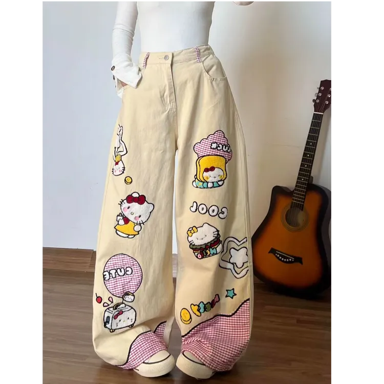 浅卡其色牛仔裤女秋季美式复古卡通KT刺绣拼接休闲宽松直筒阔腿裤