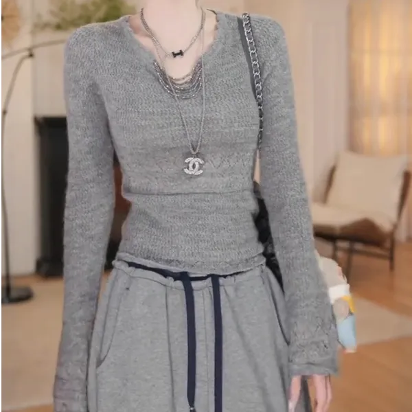 设计感灰色长袖打底针织衫女秋季大码胖MM显瘦修身内搭高级感上衣