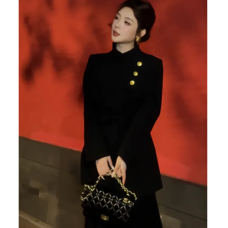 2025秋冬新款呢子大衣显瘦黑色郝本风西装高级感外套气质上衣