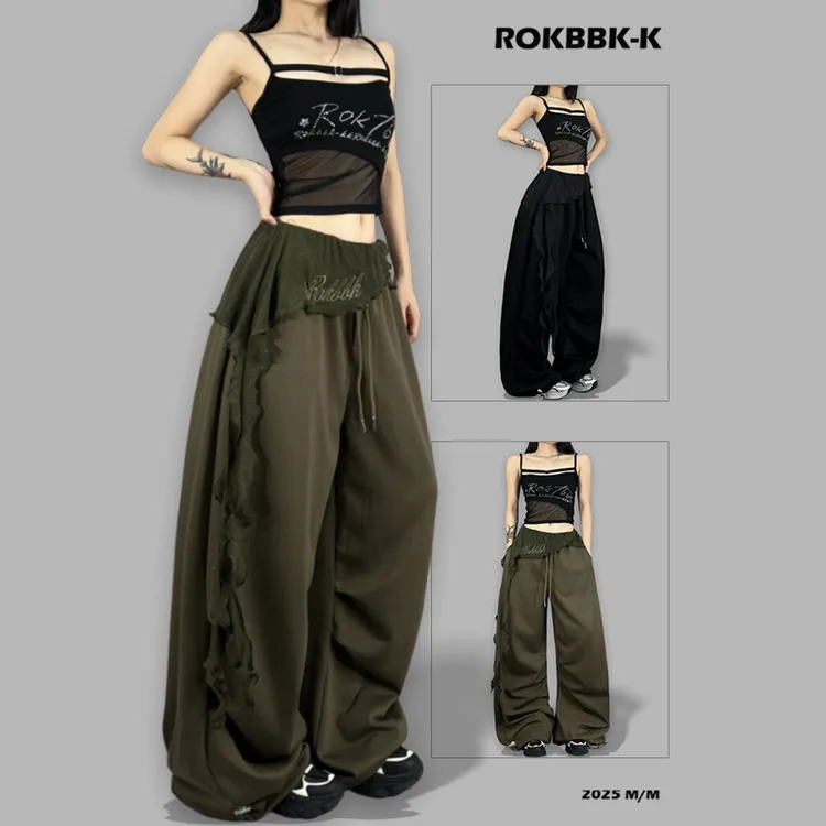 ROKBBK-K街舞潮牌刺绣飘带银丝网纱嘻哈宽松长裤女爵士舞