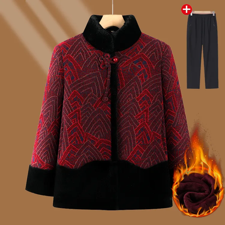 中老年人秋冬装女外套洋气加绒加厚上衣奶奶装高贵保暖毛呢喜庆装