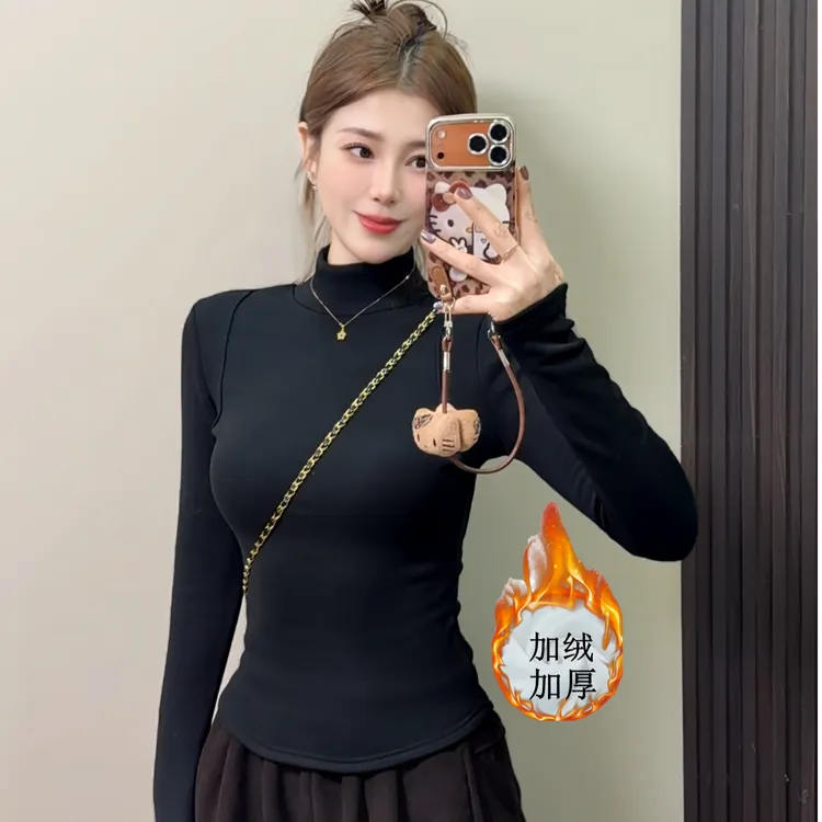 高领加绒加厚一体绒2025新款打底衫女冬修身显瘦保暖内搭长袖上衣