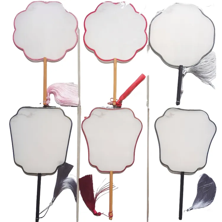 真丝空白团扇八瓣工笔绘画熟绢涂鸦剪纸古风手柄中国风手捧花刺绣