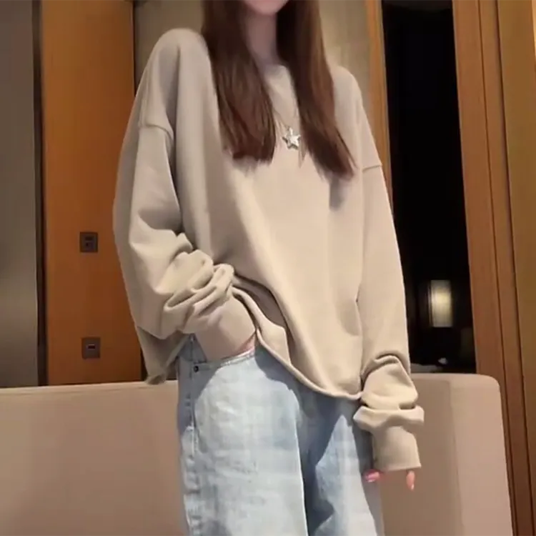 早秋必备基础纯色卷边宽松圆领短款卫衣打底休闲松弛长袖C5773