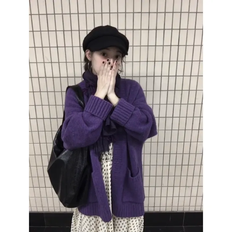 MARIE.COCO秋季时尚小众紫色针织毛衣开衫慵懒温柔碎花连衣裙套装