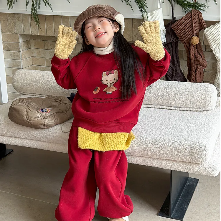【300克羊驼绒】儿童氛围感保暖加厚猫咪卫衣卫裤套装25M066