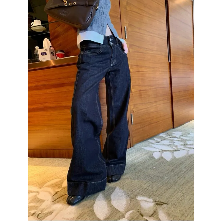  低腰丹宁原牛色修身牛仔裤女早秋美式复古直筒休闲裤子A9003