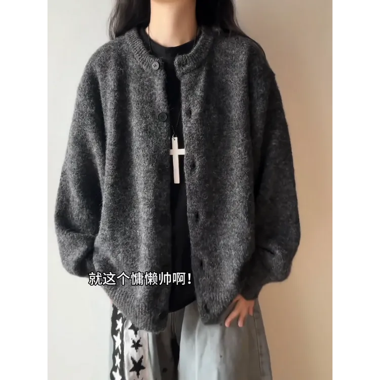 V37美式慵懒风纽扣开衫毛衣男款秋季潮牌复古纯色针织衫夹克