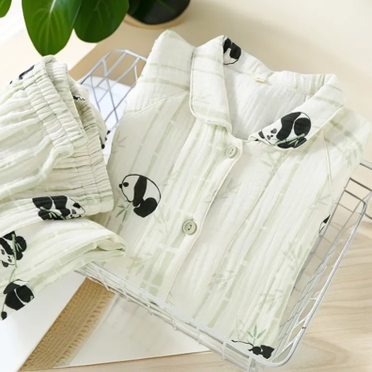 纯棉加厚四层纱布睡衣女士春秋冬季保暖可外穿全棉家居服熊猫国潮