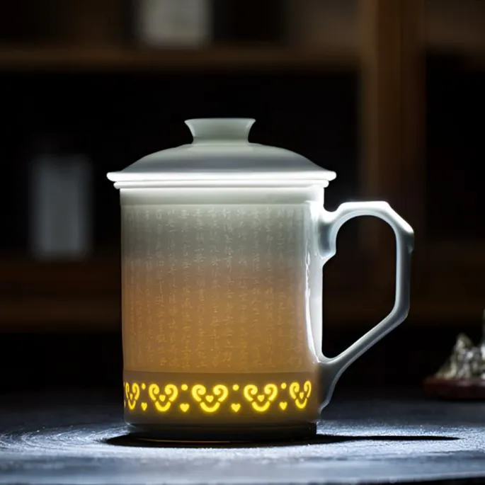 大师制景德镇影青瓷茶水分离佛手心经玲珑杯高档上班族单人茶具