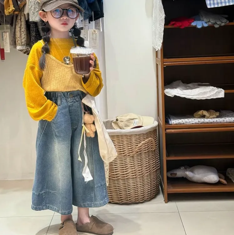 女童秋季新款套装洋气韩版针织背心长袖打底衫牛仔阔腿裤