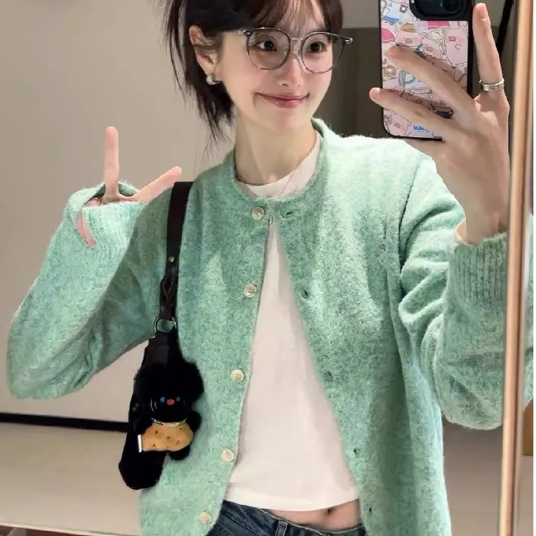薄荷绿色早春外搭开衫毛衣女春秋软糯宽松慵懒风韩系针织上衣外套