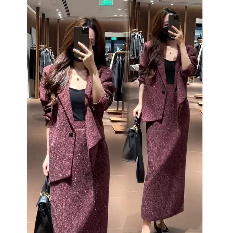 时尚套装裙女2025秋季大码小香风洋气显瘦西服外套半身裙两件套潮