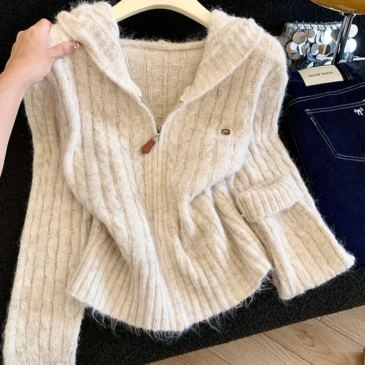 韩版慵懒风连帽毛衣外套女秋季新款宽松休闲百搭简约针织开衫上衣