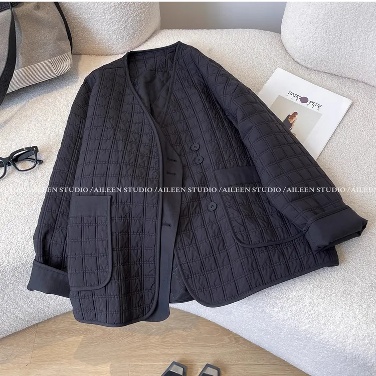 黑色菱格棉服女宽松2025秋冬季新款时尚气质通勤棉衣棉袄外套上衣