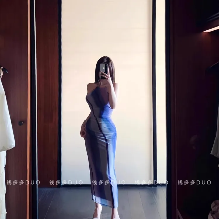 夏日绝美小裙子渐变显身材连衣裙网纱挂脖吊带裙御姐风情万种长裙