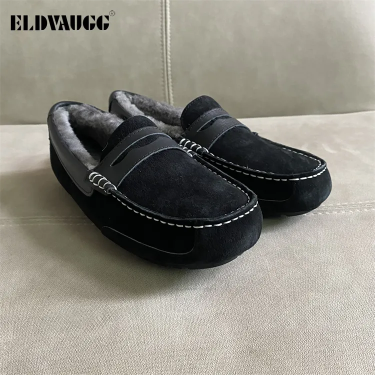ELDVAUGG高档真皮男士加绒豆豆鞋羊毛舒适百搭保暖软底一脚蹬开车