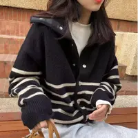 新款气质休闲韩版简约织带条纹开衫毛衣Z88178