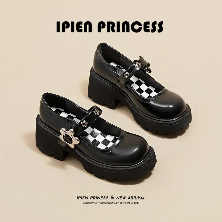 网红爆款矮个子厚底单鞋时尚小皮鞋女2025韩版水钻一字扣玛丽珍女