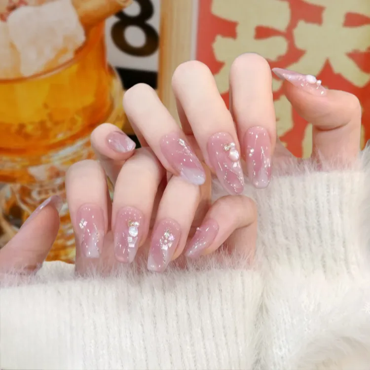 【粉梦琳达】手工定制拆卸穿戴甲腮红猫眼法式甲中长款显白美甲贴片