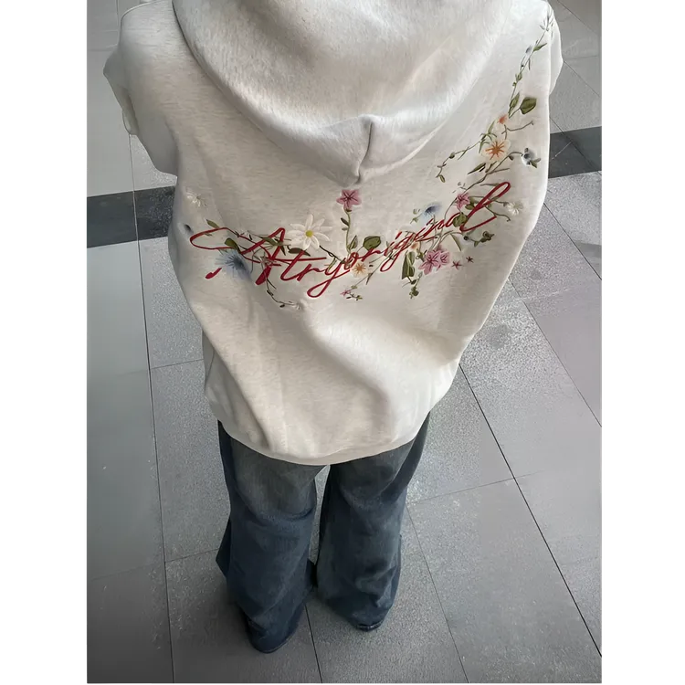 新中式花卉刺绣连帽卫衣女2025秋冬新款美式宽松休闲情侣上衣外套