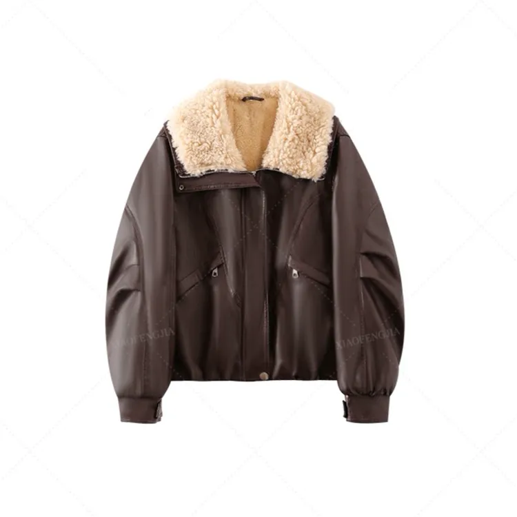 毛绒大翻领加绒皮衣外套女2025秋冬新款宽松显瘦上衣