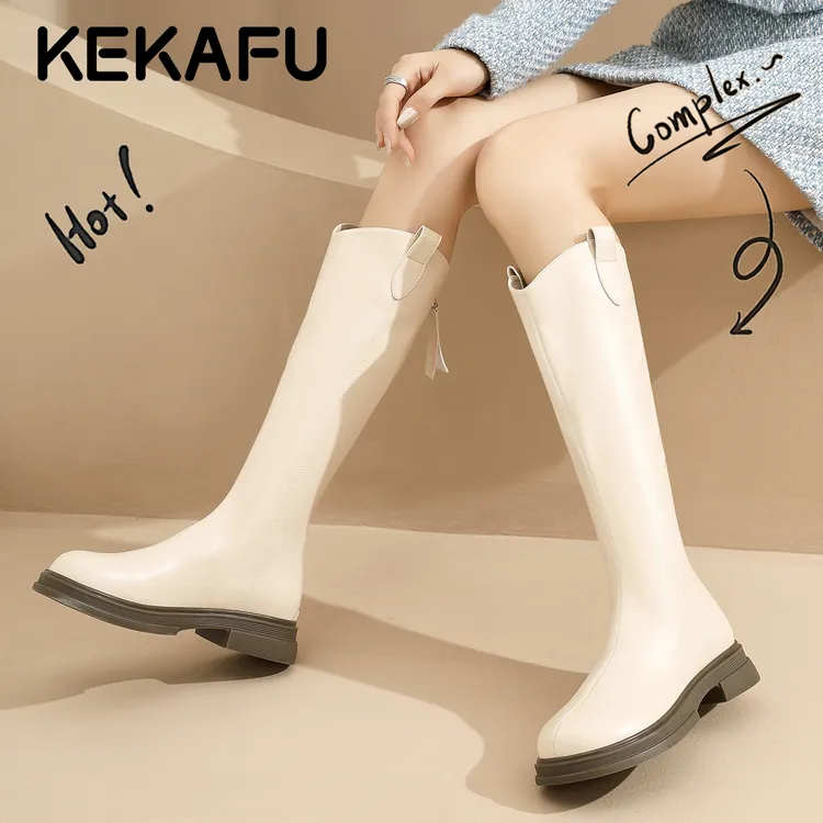 珂卡芙不过膝高筒显瘦厚底骑士靴小个子长筒靴2025新款白色时装靴