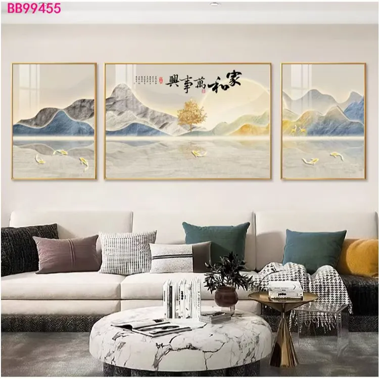 【家和万事兴】轻奢简约沙发背景墙三联挂画晶瓷镶钻客厅装饰画