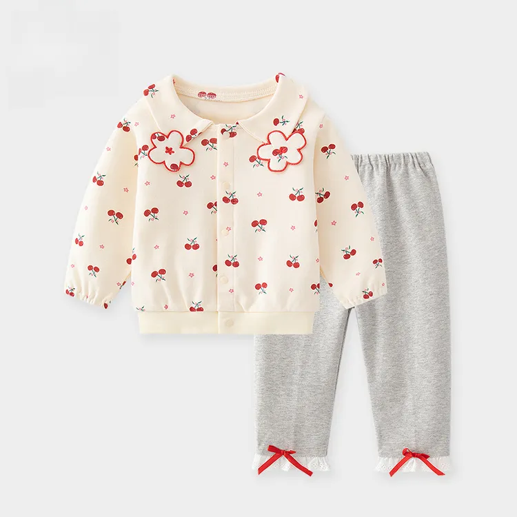 春秋款新生女宝宝分体套装纯棉婴儿长袖长裤樱桃花可爱少女风童装