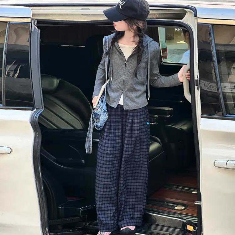 韩系高品质女童秋季双拉链卫衣外套5-14岁中大童格子裤时尚休闲