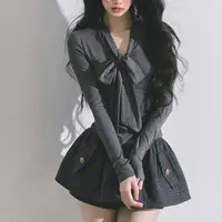 T恤低领女蝴蝶结系带拼接纯欲风常规修身打底衫