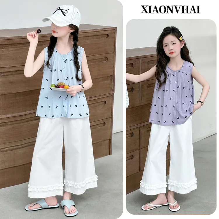 小女孩女童夏装套装休闲甜美6-12岁儿童无袖高级感2025新款两件套