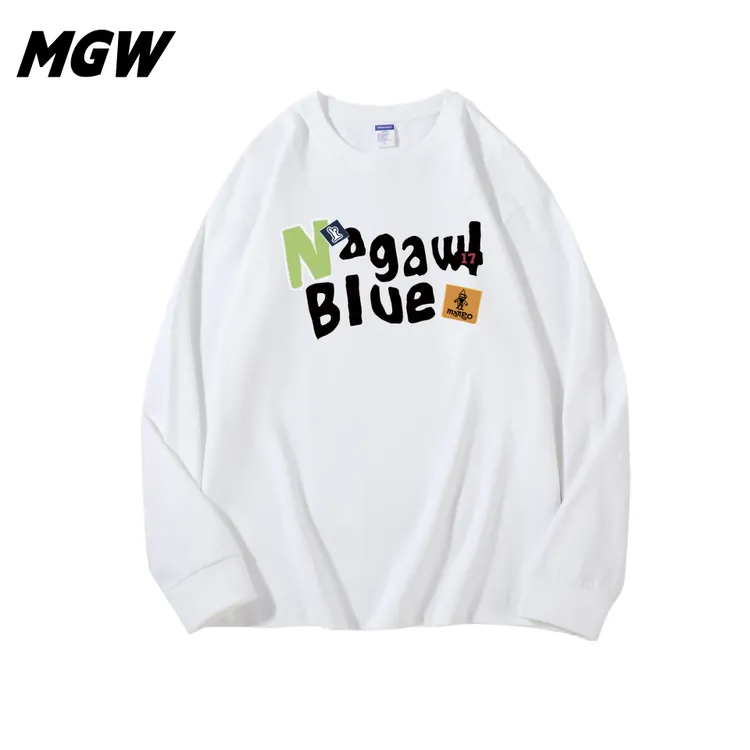 【MGW】100%纯棉男女同款新款长袖纯棉T恤螺纹袖口秋冬宽松重磅上衣