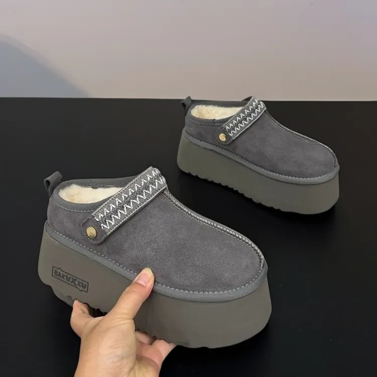 灰色包头半拖鞋女冬季加绒棉拖加厚勃肯鞋皮毛一体雪地靴厚底棉鞋