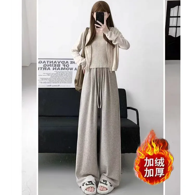 加绒加厚糯米裤冬季保暖宽松高腰显瘦休闲加绒阔腿裤女