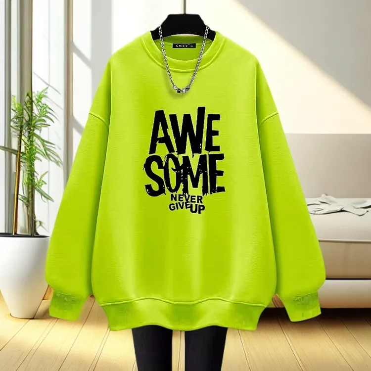 荧光绿圆领卫衣女宽松加绒加厚2025春秋冬新款字母洋气中长款上衣