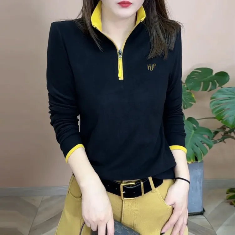 冬季新品时尚百搭修身显瘦双面绒立领半拉链打底女士气质减龄上衣