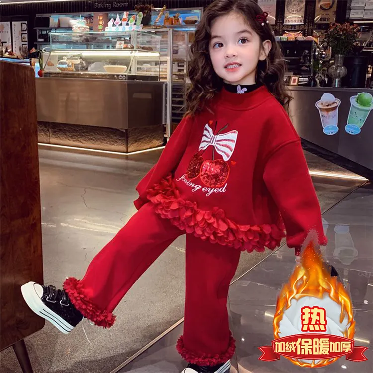 女童秋冬加绒卫衣套装2024新款儿童洋气休闲两件套女孩喜庆拜年服