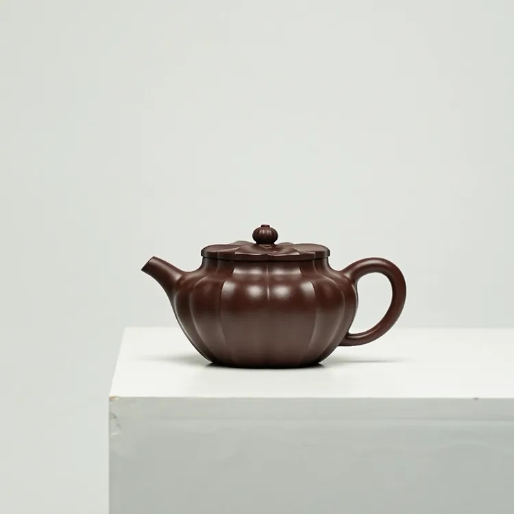宜兴原矿紫砂壶精美茶壶老紫泥精工手工【筋纹菱花】150毫升