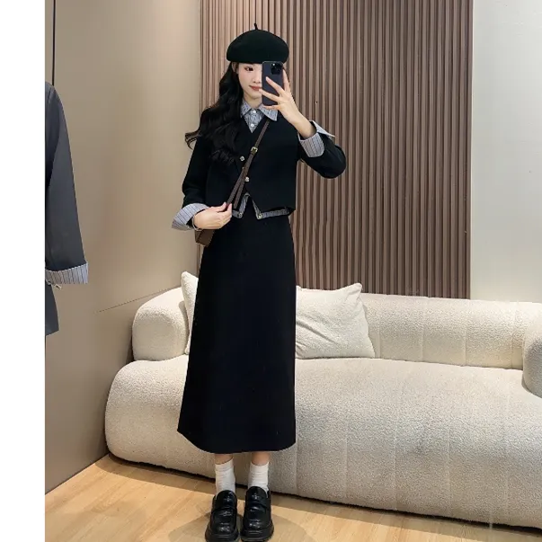 2025早秋显瘦不掉色假两件气质遮胯小个子高智淡人两件套