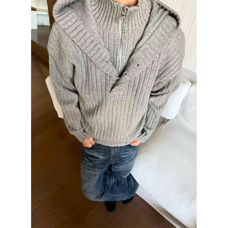 MADE EXTREME秋冬设计感假两件立领连帽加厚保暖毛衣针织衫外套