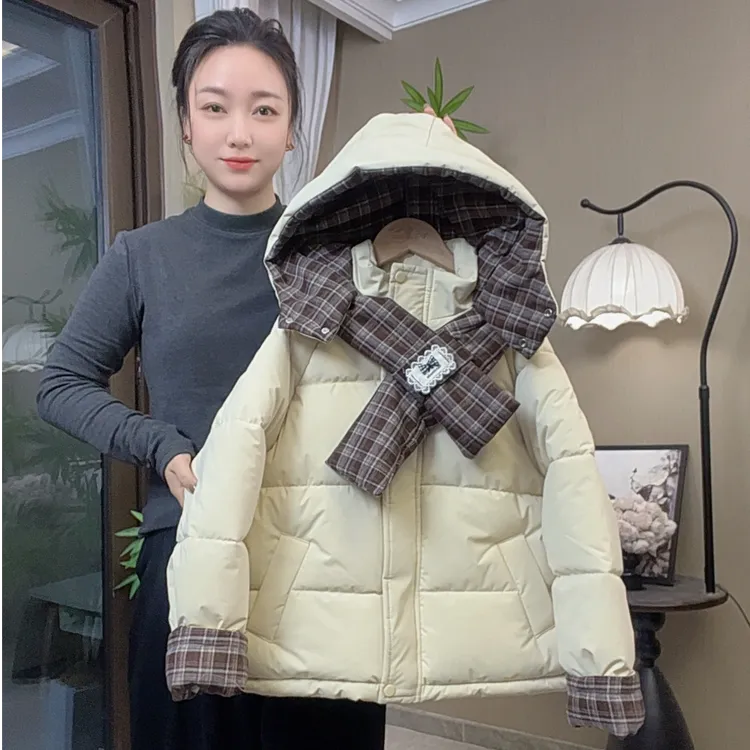 【送围脖】女童棉服连帽棉衣冬季儿童加绒加厚保暖格纹拼接棉袄外套