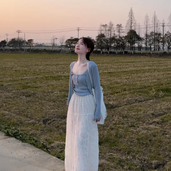 【浮光曲】蓝色蕾丝花边吊带背心开衫半裙春游套装气质显瘦洋气三件